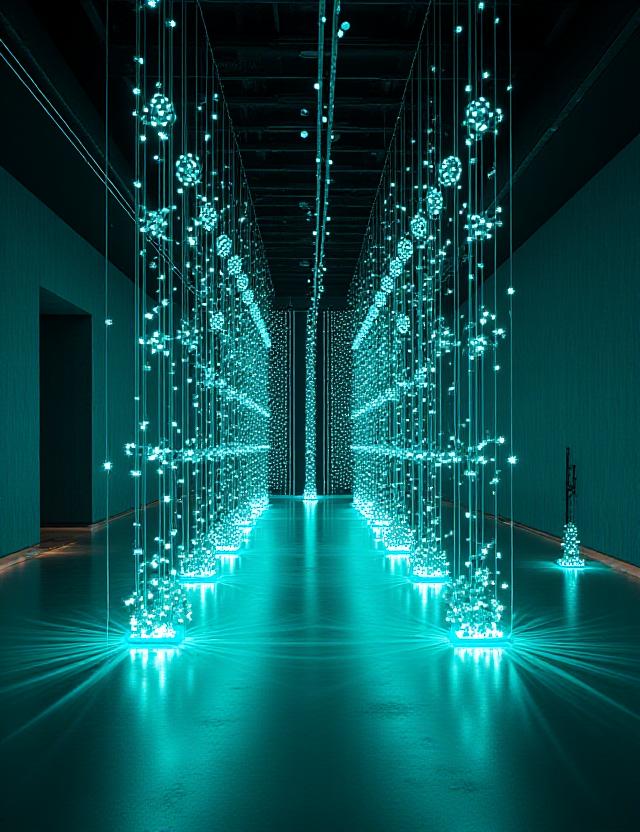 Large scale cosmic-themed light art installation in a high-end gallery